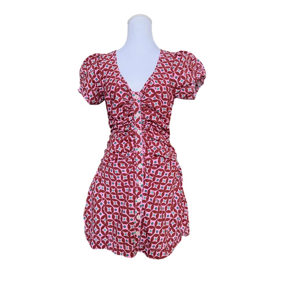 Free People Oakley Mini Geometric Print Mini Dress Pink Puff Sleeve Ruched - Picture 3 of 10